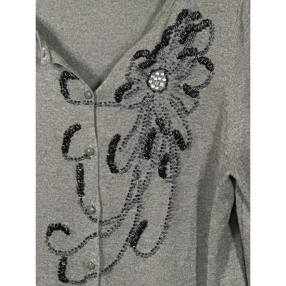 VTG Peck & Peck Cardigan Sweater XL Grey Beaded Floral Coquette Fairy Goth - Picture 2 of 11